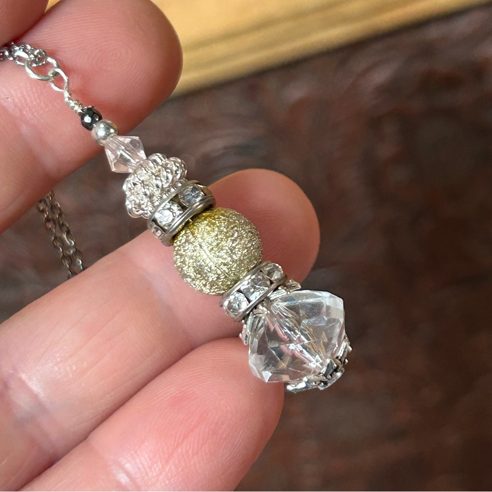 Handcrafted faceted crystal vintage lucite hematite pendant on chain necklace